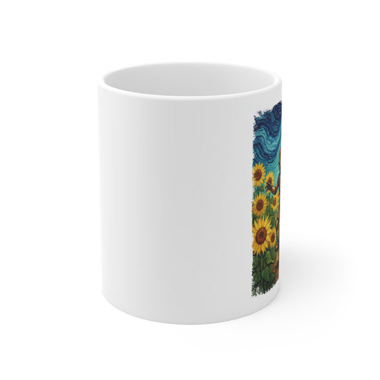 Tech Art Mug – Robot in Sunflower Field Coffee Cup Inspired by Classic Art