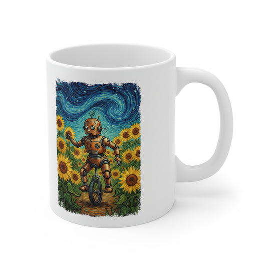 Tech Art Mug – Robot in Sunflower Field Coffee Cup Inspired by Classic Art