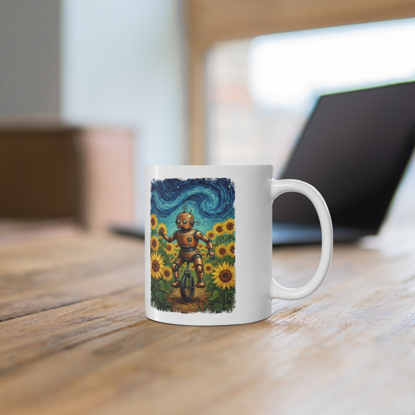 Tech Art Mug – Robot in Sunflower Field Coffee Cup Inspired by Classic Art