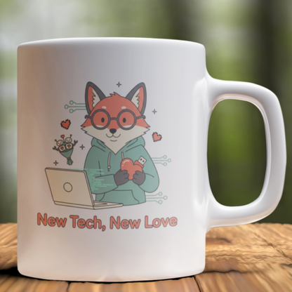 “New Tech, New Love” - Tech Love Mug , Cute Fox Coffee Mug | Geek Gift, Programmer Cup, Nerdy Mug