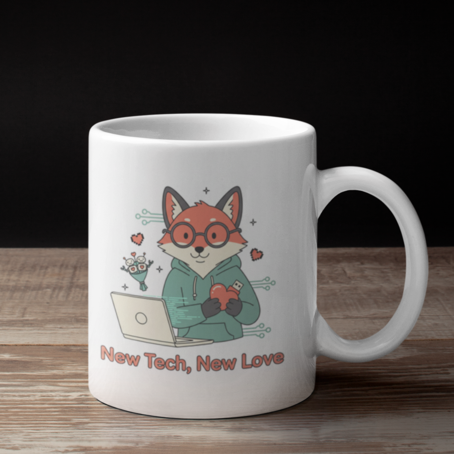 “New Tech, New Love” - Tech Love Mug , Cute Fox Coffee Mug | Geek Gift, Programmer Cup, Nerdy Mug