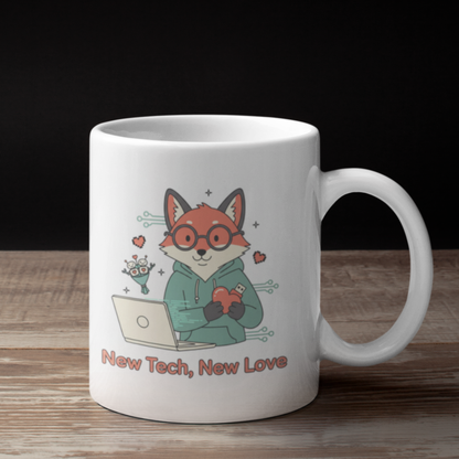 “New Tech, New Love” - Tech Love Mug , Cute Fox Coffee Mug | Geek Gift, Programmer Cup, Nerdy Mug
