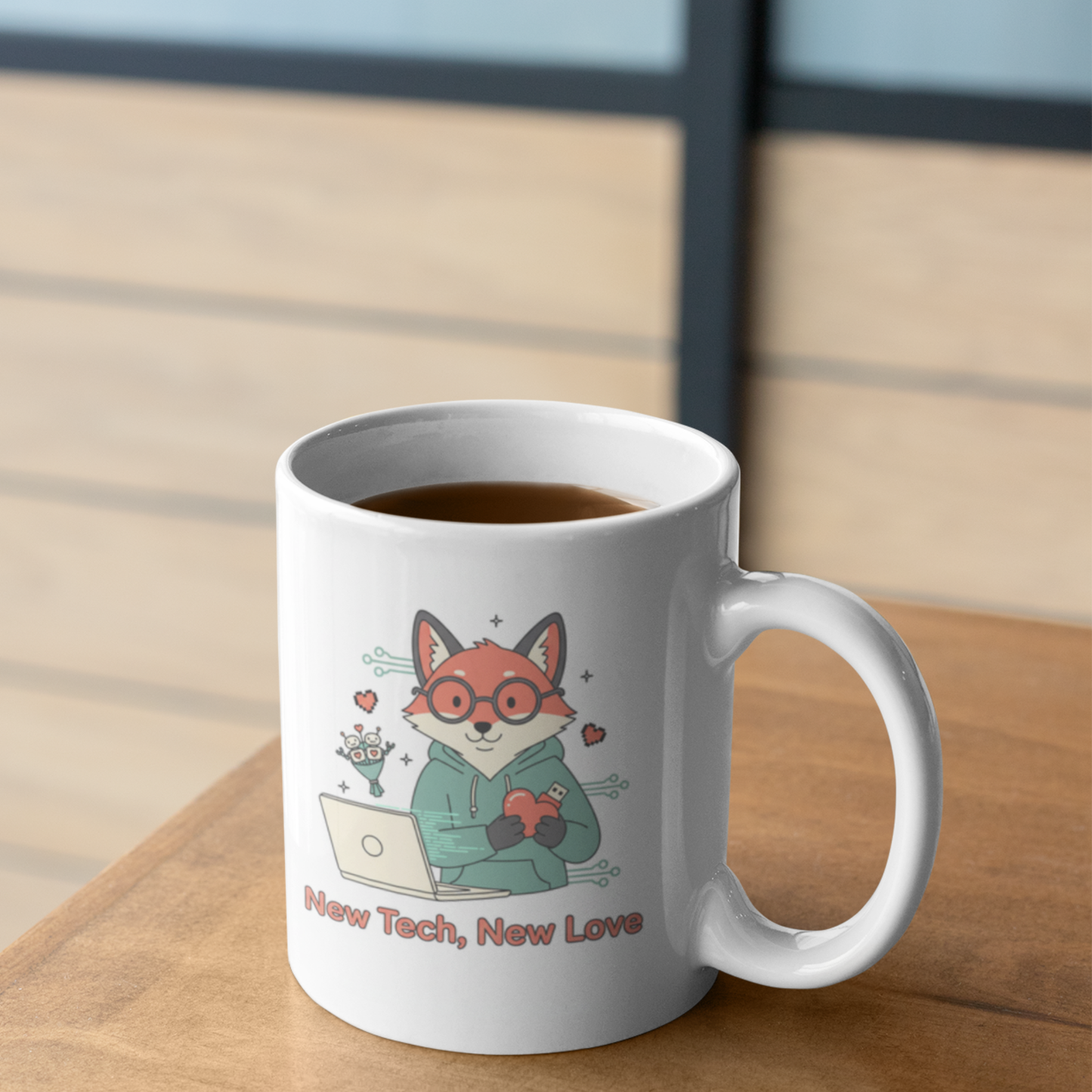 “New Tech, New Love” - Tech Love Mug , Cute Fox Coffee Mug | Geek Gift, Programmer Cup, Nerdy Mug