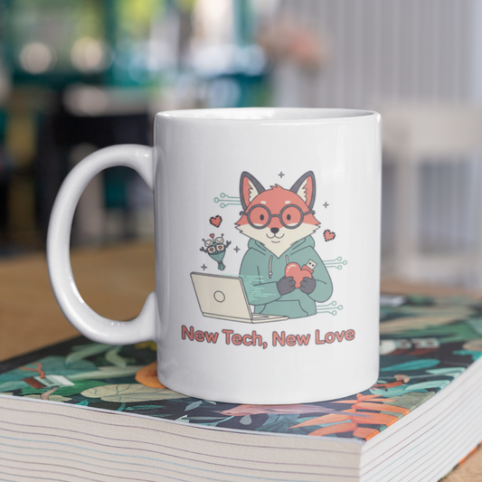 “New Tech, New Love” - Tech Love Mug , Cute Fox Coffee Mug | Geek Gift, Programmer Cup, Nerdy Mug
