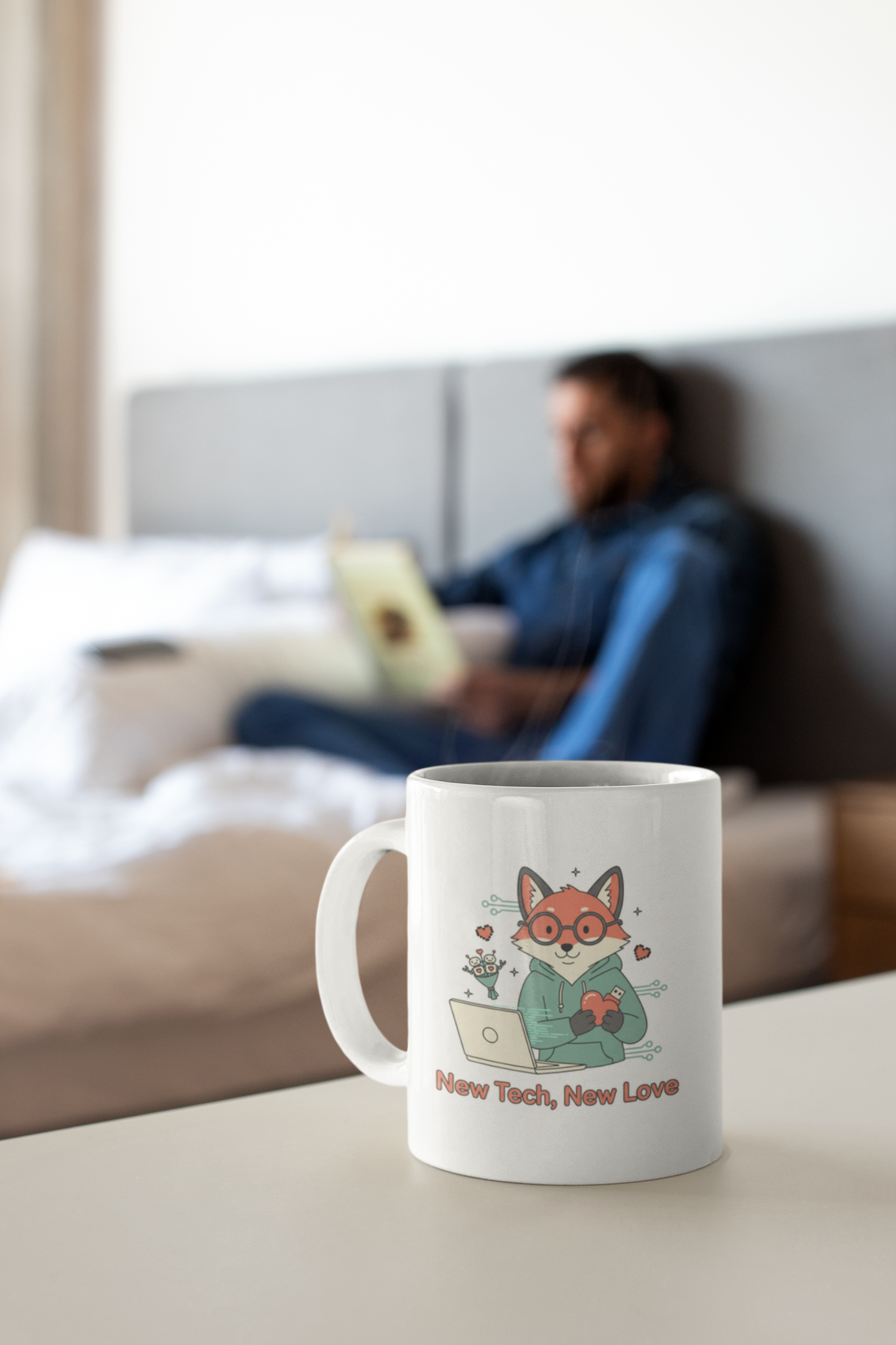 “New Tech, New Love” - Tech Love Mug , Cute Fox Coffee Mug | Geek Gift, Programmer Cup, Nerdy Mug
