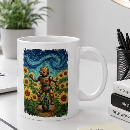 Tech Art Mug – Robot in Sunflower Field Coffee Cup Inspired by Classic Art