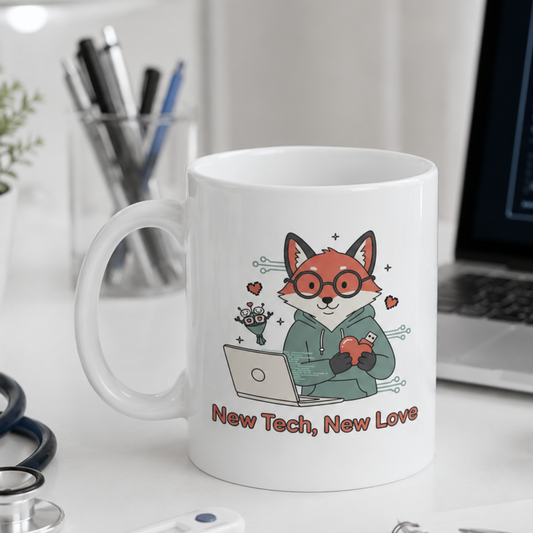 “New Tech, New Love” - Tech Love Mug , Cute Fox Coffee Mug | Geek Gift, Programmer Cup, Nerdy Mug