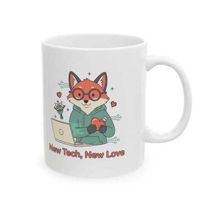 “New Tech, New Love” - Tech Love Mug , Cute Fox Coffee Mug | Geek Gift, Programmer Cup, Nerdy Mug